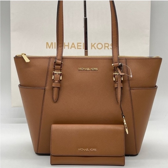 Michael Kors Large Charlotte Tote Bag & Trifold Wallet Luggage Leather - Picture 1 of 11